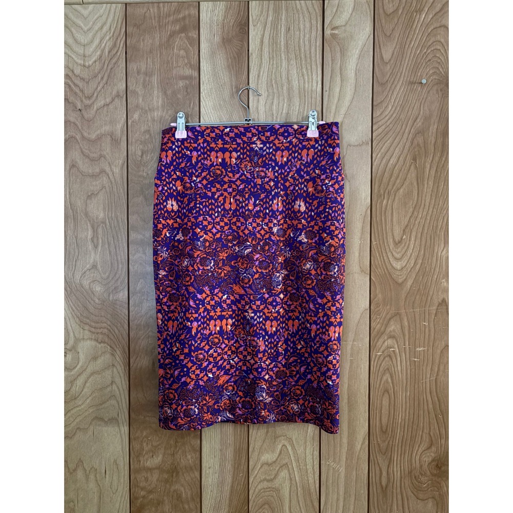 LuLaRoe Cassie Pencil Skirt‎ Small Purple Orange Floral Geometric Stretch Knit